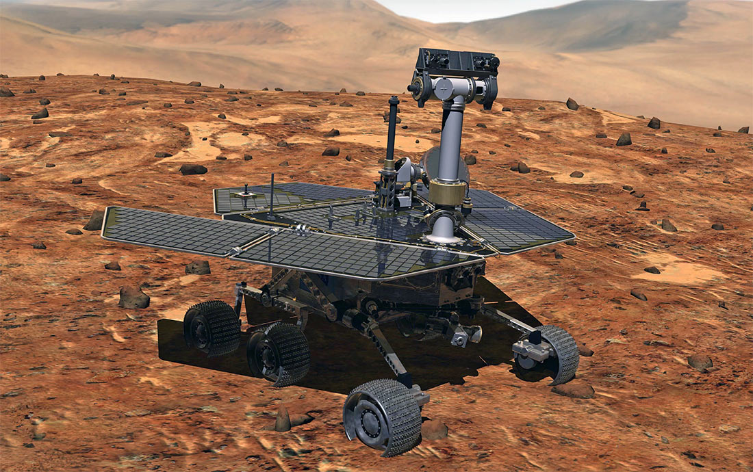 Марсоход «Оппортьюнити» среди типичного марсианского пейзажа 