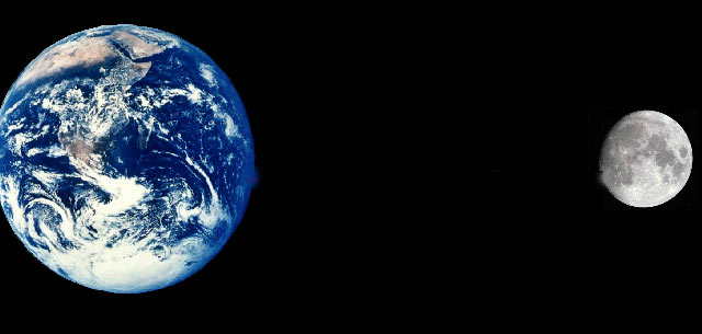 Сравнительные размеры Земли и Луны и расстояние их разделяющее