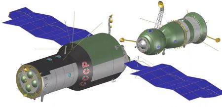 Стыковка орбитальной станции «Салют-3» (слева) и космического корабля «Союз-15» (справа)