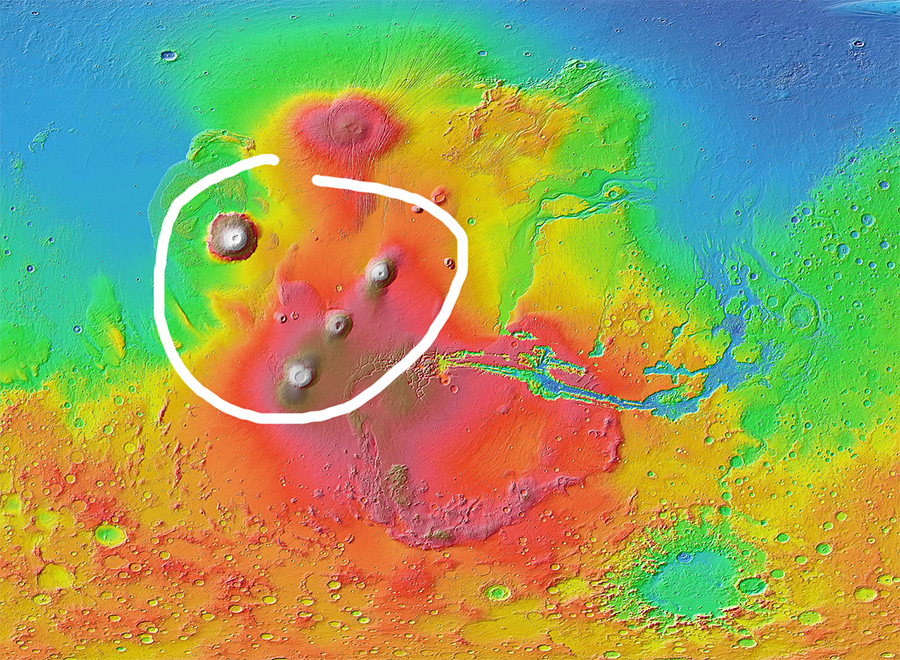 Крупнейшие марсианские вулканы сосредоточены в районе поднятия Фарсида