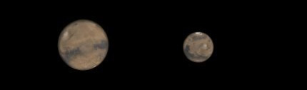 Слева - как Марс выглядит в простецкий телескоп во время обычного противостояния, а справа - во время великого противостояния