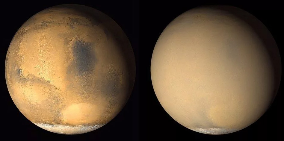 Марс при «хорошей погоде» (слева) и во время большой пыльной бури (справа)
