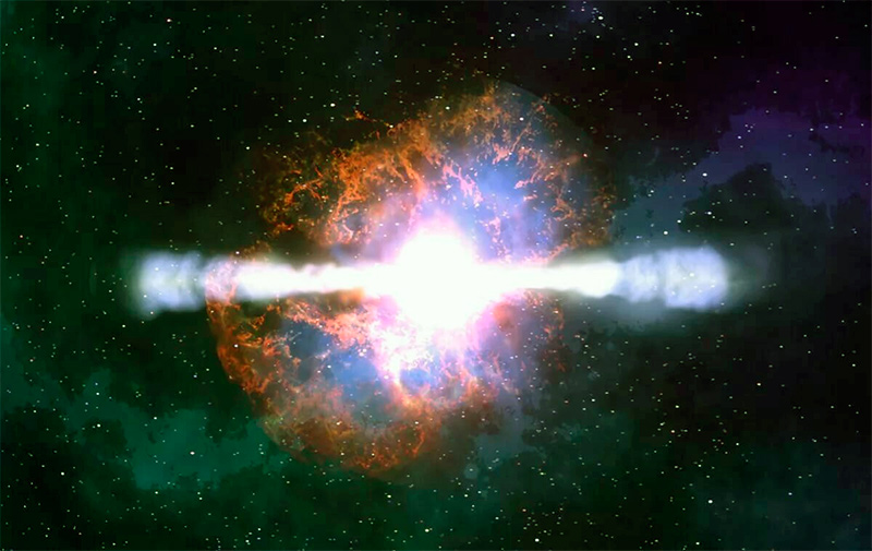 Изображение взрыва сверхновой звезды и двух смертельно опасных для всего живого джетов гамма-излучения 