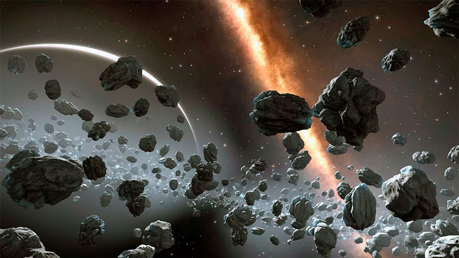 В воображении художников пояс астероидов выглядит примерно так. На самом деле, расстояния между отдельными стероидами в нем таковы, что можно свободно пролететь через него туда и обратно и так и не увидеть ни одного самого мелкого астероида