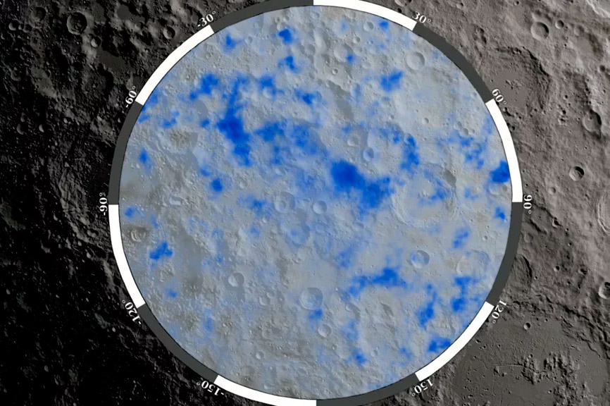 Синим цветом выделены области залегания водяного льда на произвольном участке поверхности Луны.