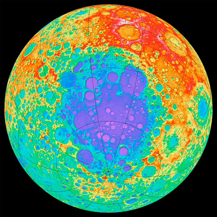 Карта высот обратной стороны Луны, в районе Южного полюса. Вот это синее пятно - это и есть бассейн Южный полюс-Эйткен