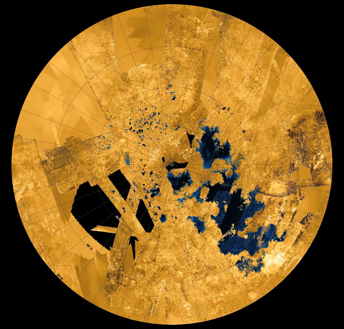 Карта метановых озер в северном полушарии Титана