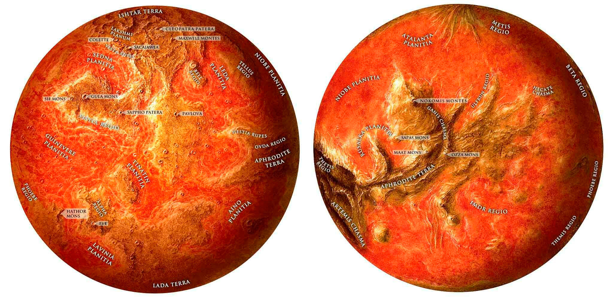 Топографическая карта поверхности Венеры с горами и долинами