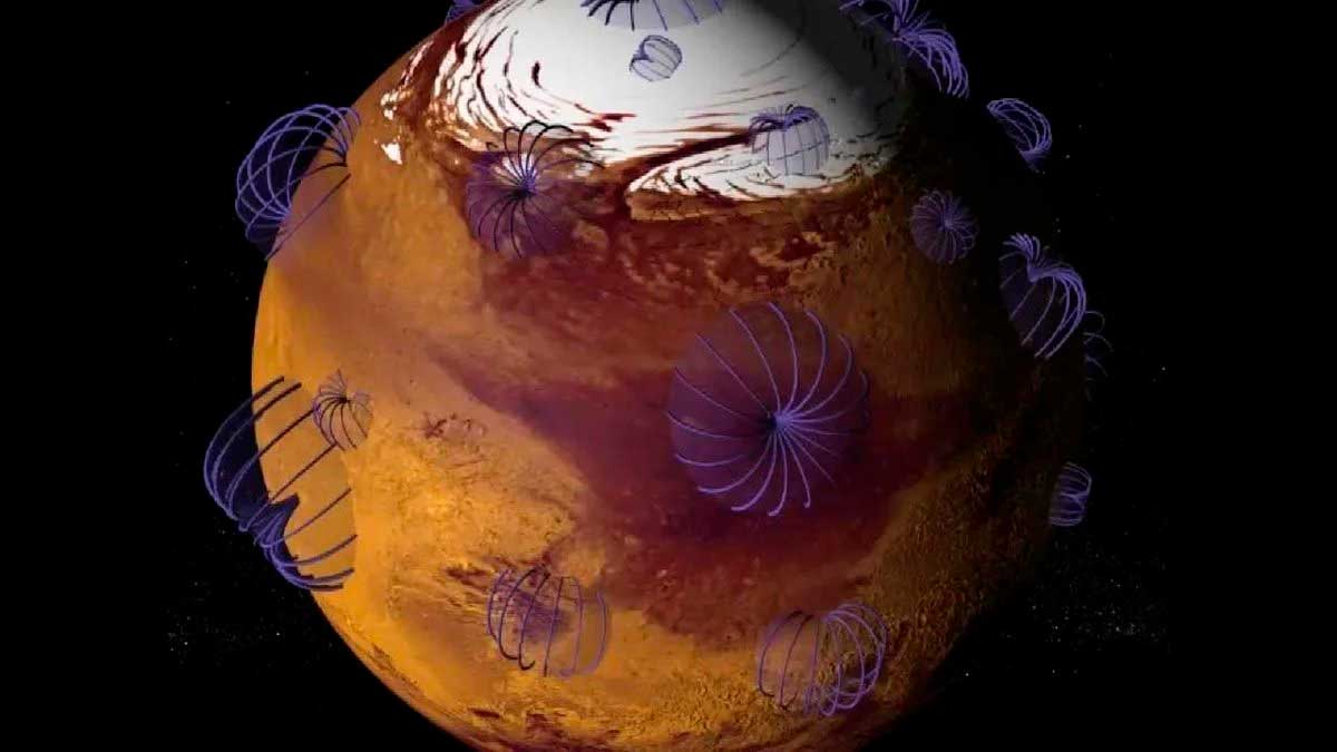 Магнитное поле Марса - остаточное, и потому слабое и фрагментарное. 